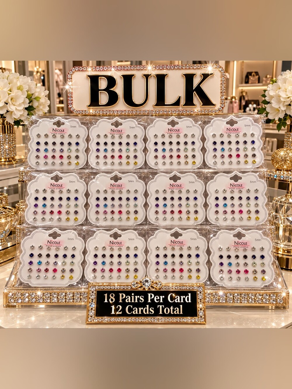 BULK Multicolor Crystal Stud Earring 18 Pairs Assorted Colors